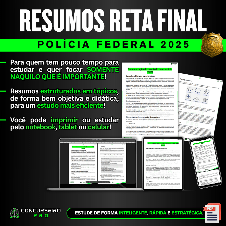 Nossos resumos foram feitos pensando em você que tem pouco tempo para estudar e quer aprender/revisar SOMENTE AQUILO QUE É IMPORTANTE, ou seja, aquilo que tem maior chance de cair na sua prova! Todos os nossos resumos estão estruturados em tópicos, de forma bem objetiva e didática, a fim de que seu estudo seja cada vez mais eficiente!
